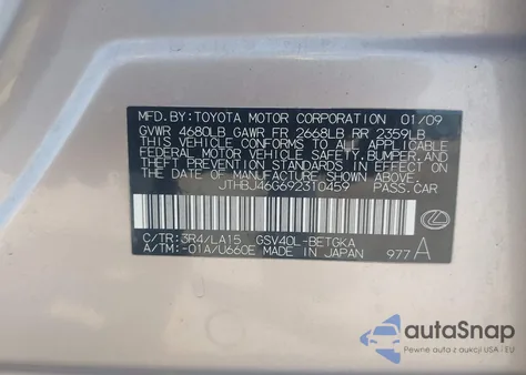 2009 Lexus Es 350 из США, поврежденный, VIN JTHBJ46G692310459